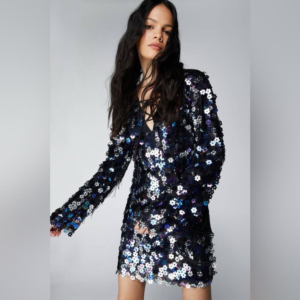 Nasty Gal Flower Sequin Lace Up Mini Dress